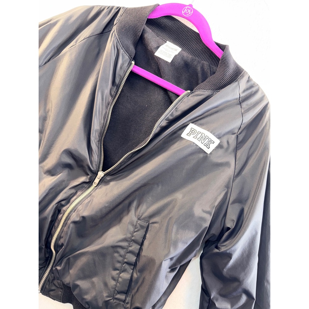 PINK Victoria's Secret Black Bomber Jacket Laurel Wreath Logo XS Raglan Zip Up